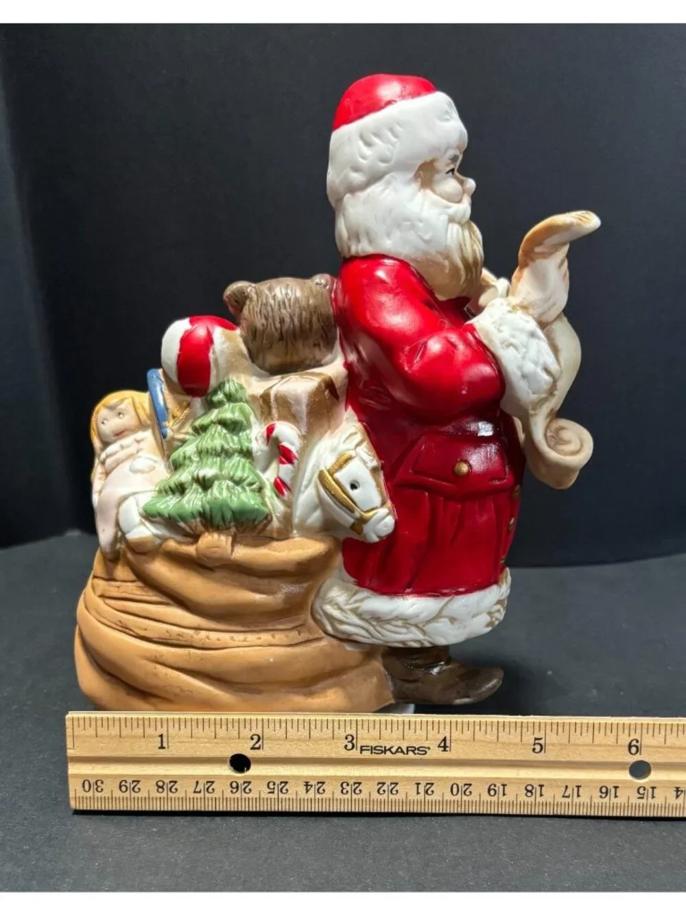 Santas List Christmas Holiday Music Box Figurine Cermaic Vintage 1980s